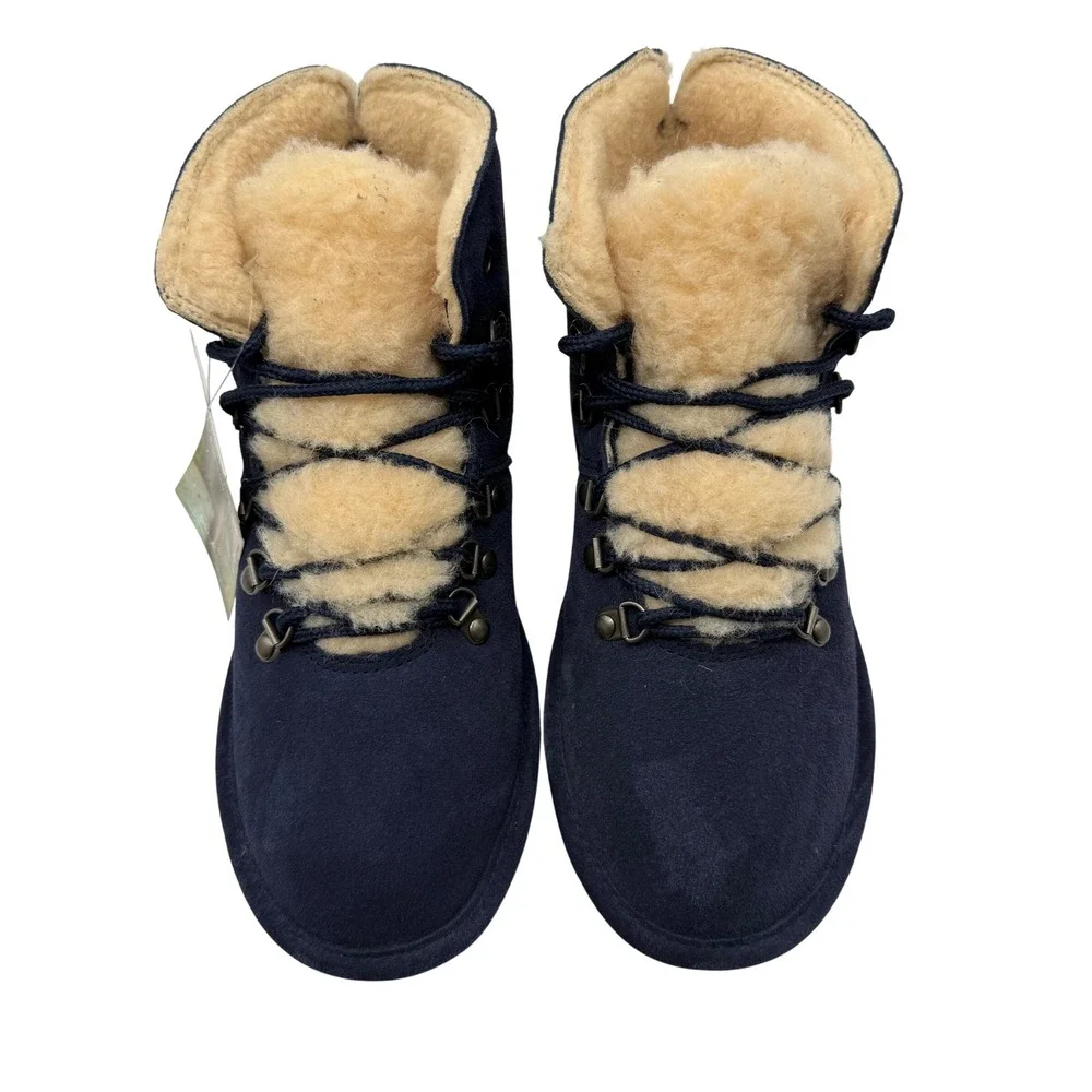Bearpaw Suede Lace Up Boots Womens 8 Navy Blue New Sheepskin Fur Trim 2198W